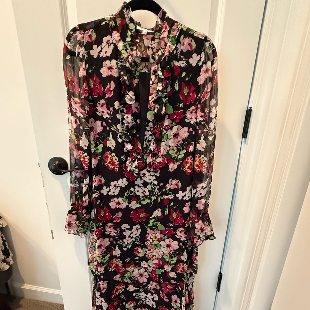 Equipment Black Floral Long Sleeve Dress
